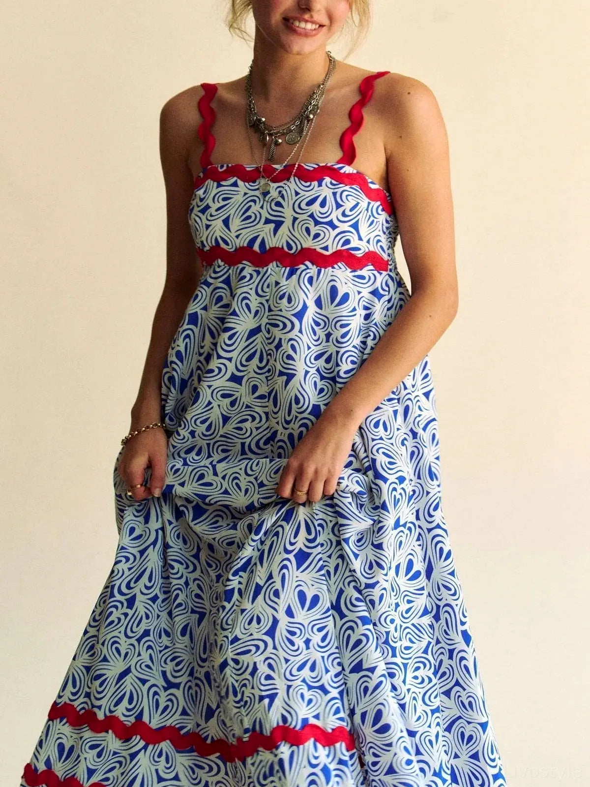 Velvet-Trimmed Smocked Midi Dress — detail view — Livostyle