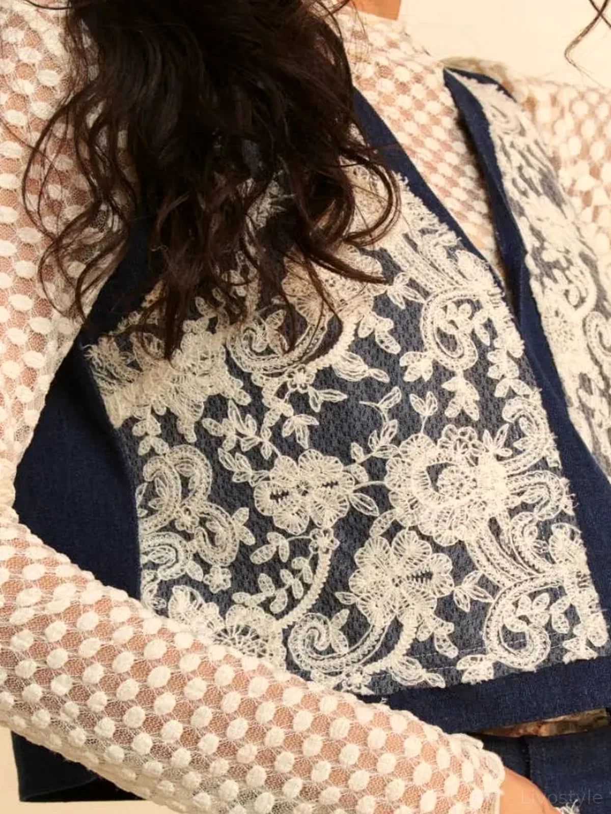 Lace Patch Open Front Denim Vest — detail view — Livostyle