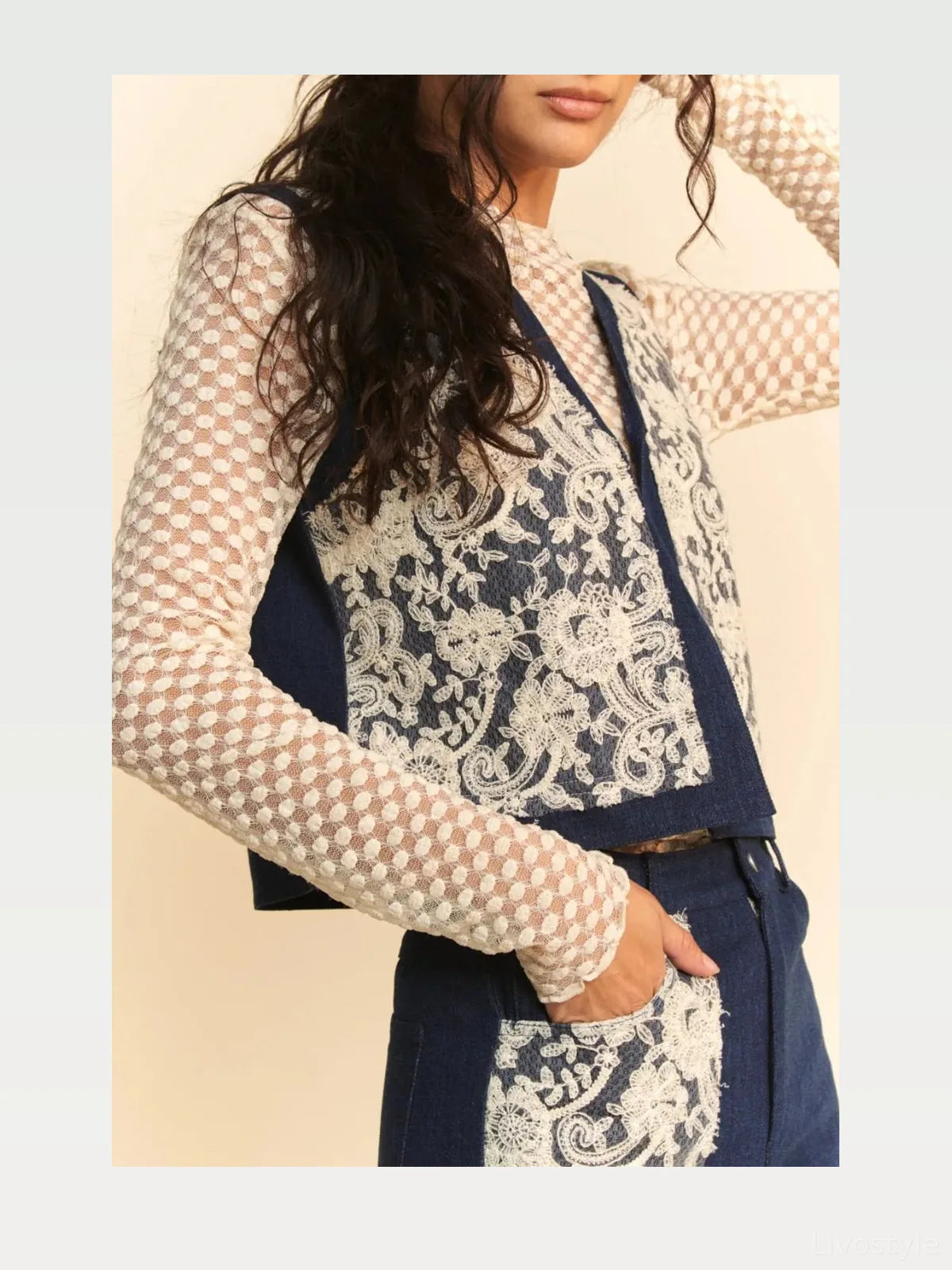 Lace Patch Open Front Denim Vest — styled showcase — Livostyle