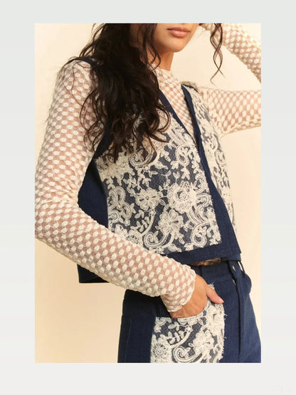 Lace Patch Open Front Denim Vest — styled showcase — Livostyle