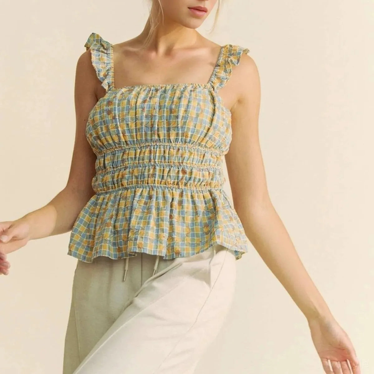 Sleeveless Plaid Top with Ruffled Straps and Smocked Bodice — square view — Livostyle