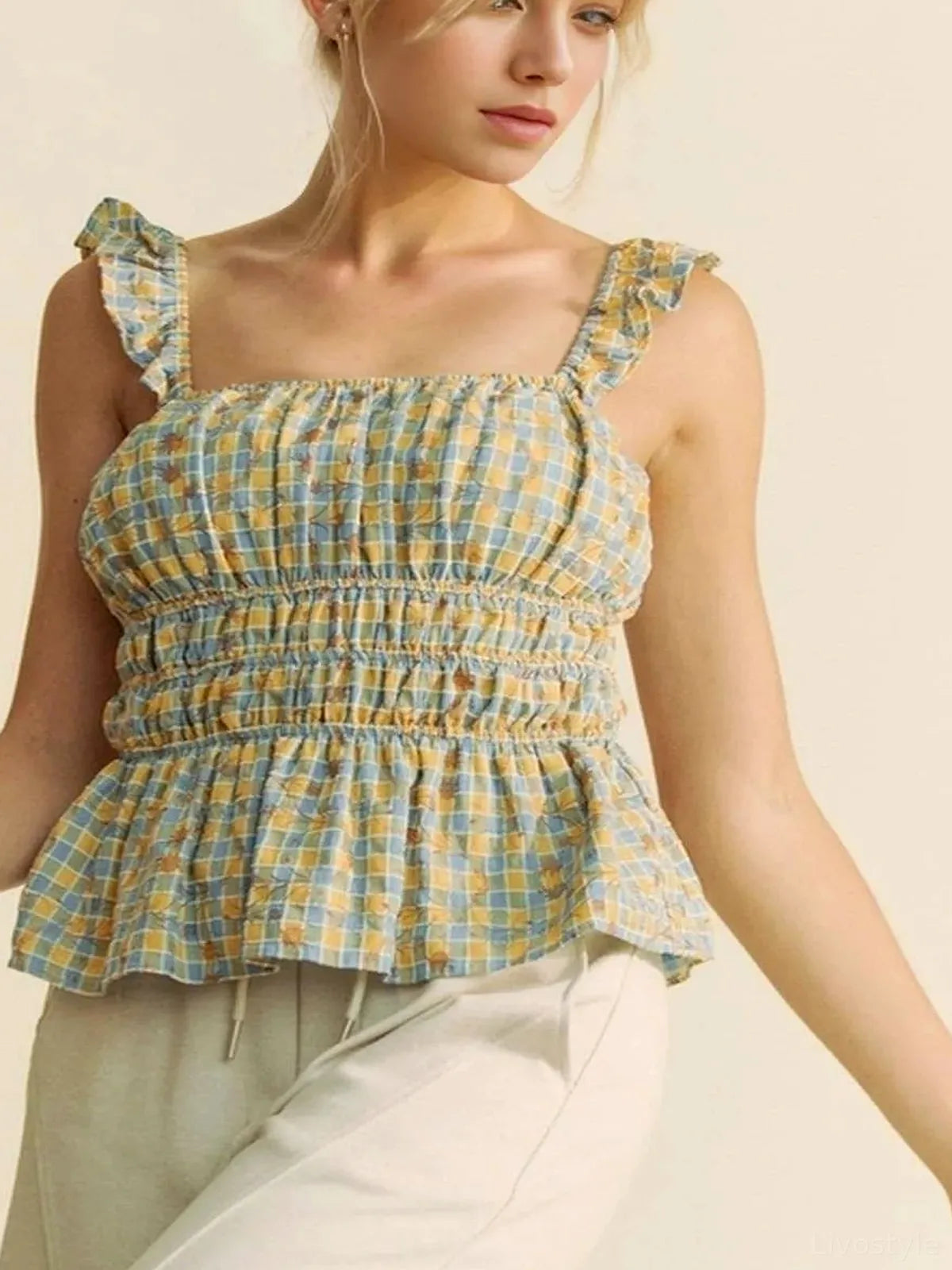 Sleeveless Plaid Top with Ruffled Straps and Smocked Bodice — detail view — Livostyle