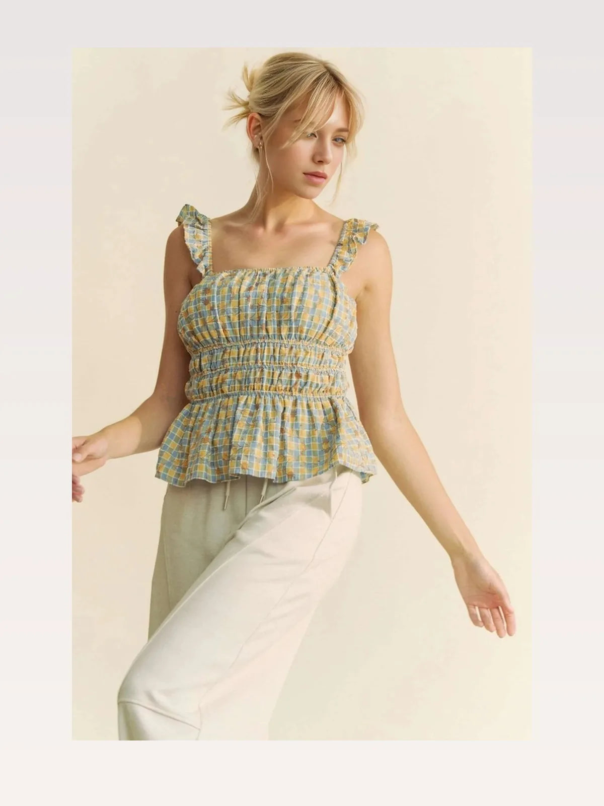 Sleeveless Plaid Top with Ruffled Straps and Smocked Bodice — styled showcase — Livostyle