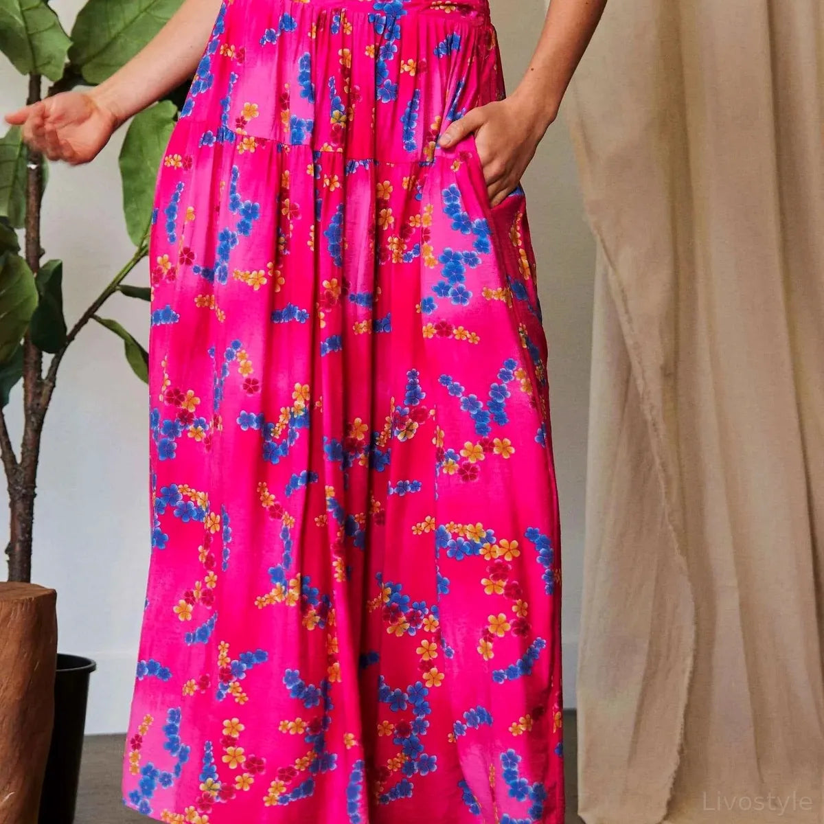 Printed Smocking Waistband Ruffled Maxi Skirt — square view — Livostyle