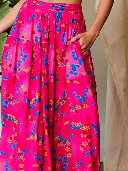 Printed Smocking Waistband Ruffled Maxi Skirt — detail view — Livostyle