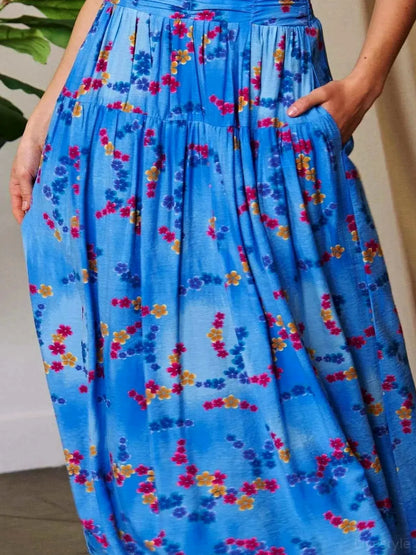 Ocean Blue Printed Smocking Waistband Ruffled Maxi Skirt — detail view — Livostyle