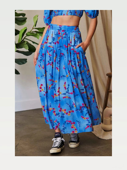 Ocean Blue Printed Smocking Waistband Ruffled Maxi Skirt — styled showcase — Livostyle
