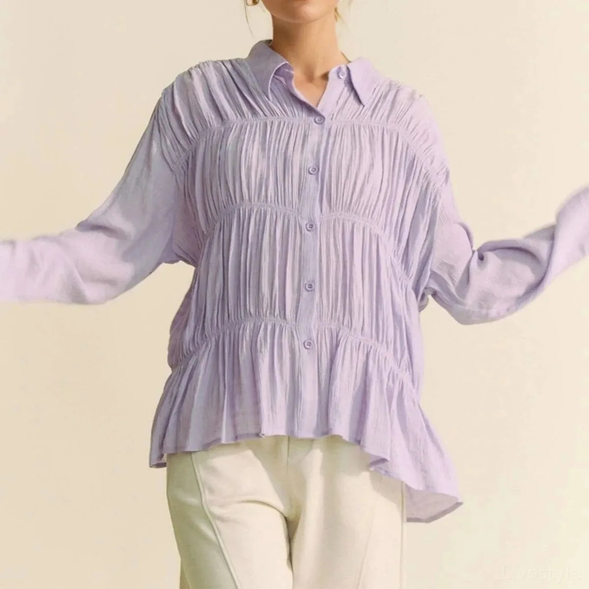 Chic Button Front Shirt with Ruched Detailing — square view — Livostyle