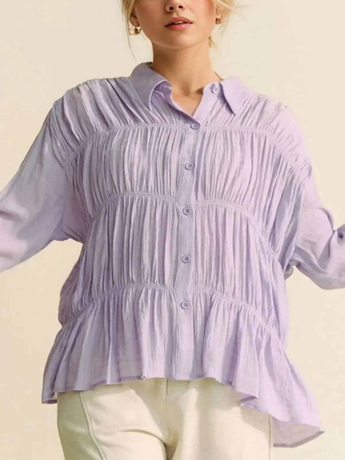 Chic Button Front Shirt with Ruched Detailing — detail view — Livostyle