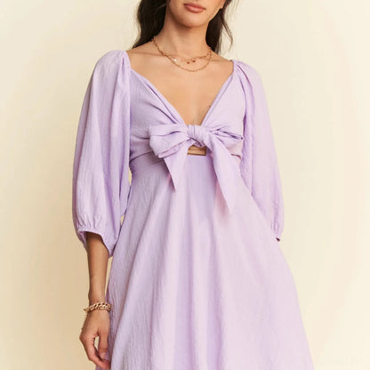 Romantic Mini Dress with Puff Sleeves & Open Back — square view — Livostyle
