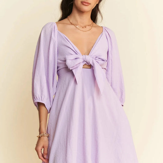 Romantic Mini Dress with Puff Sleeves & Open Back — square view — Livostyle