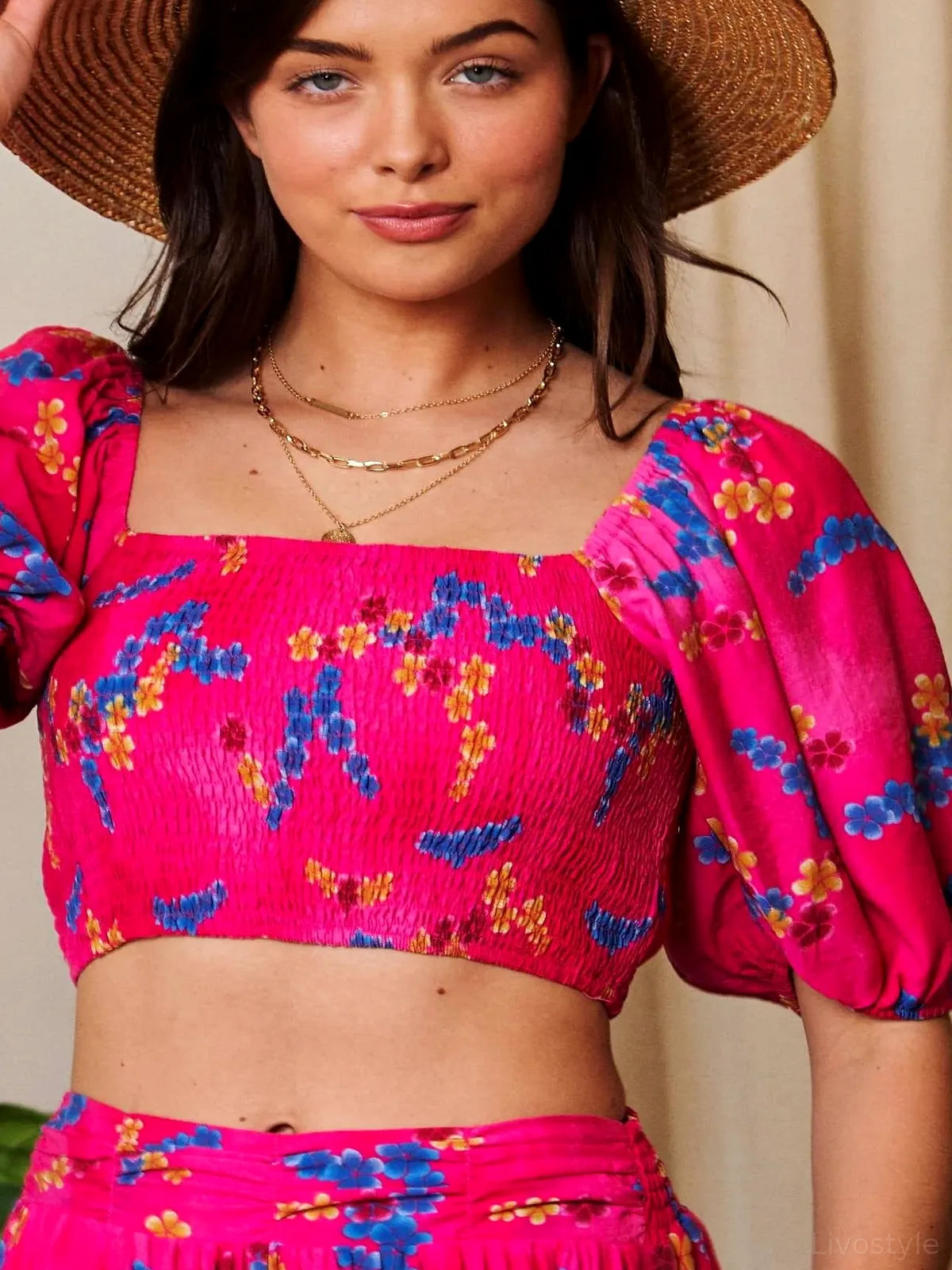 Floral Smocked Crop Top with Puff Sleeves — detail view — Livostyle