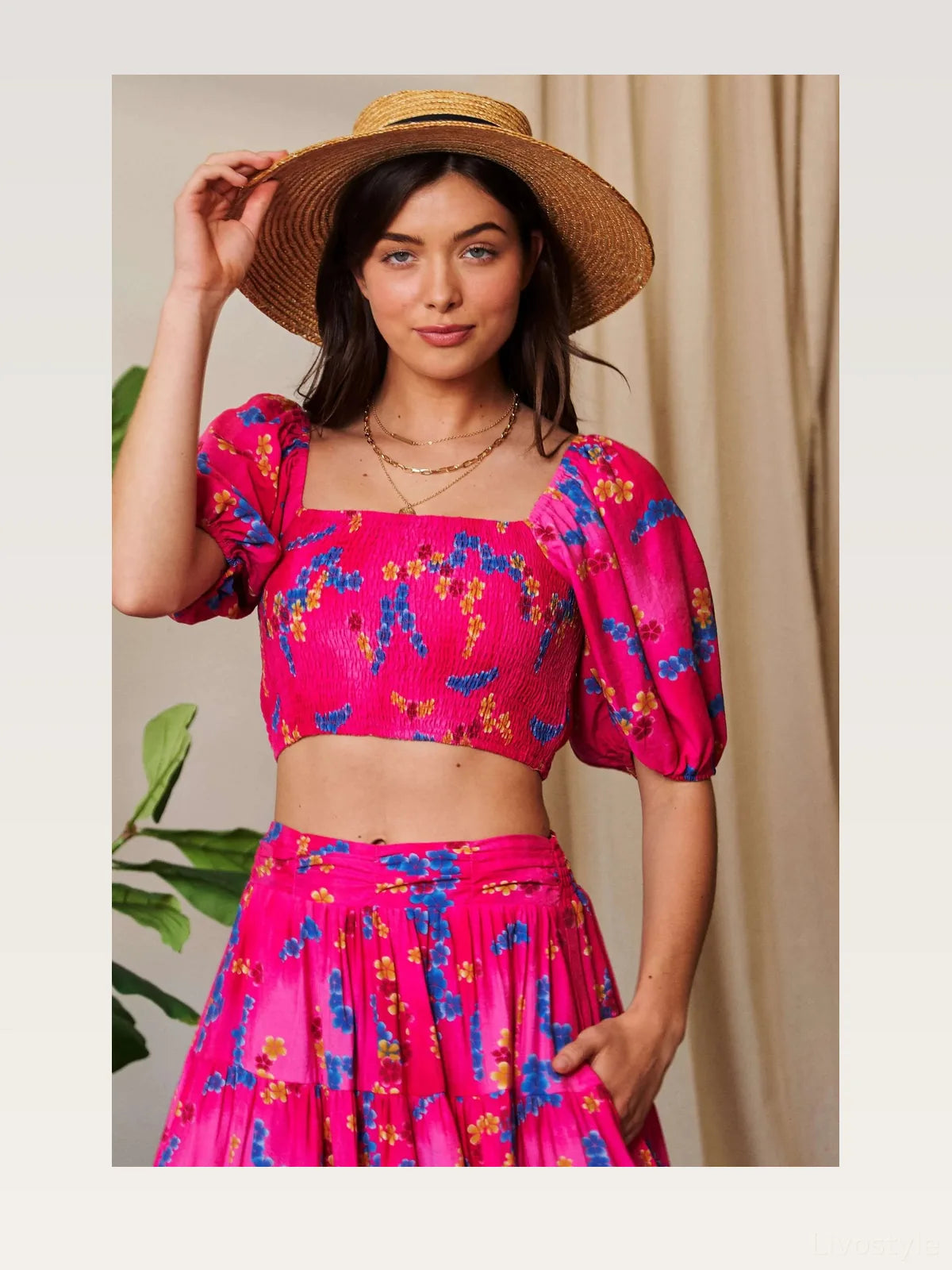 Floral Smocked Crop Top with Puff Sleeves — styled showcase — Livostyle