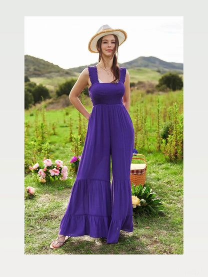 Smocked Bodice Strap Ruffle Tie Belt Jumpsuit — styled showcase — Livostyle