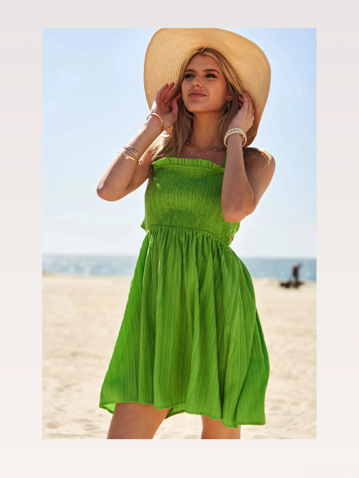 Lime Green Halter Neck Mini Dress with Smocked Bodice — styled showcase — Livostyle