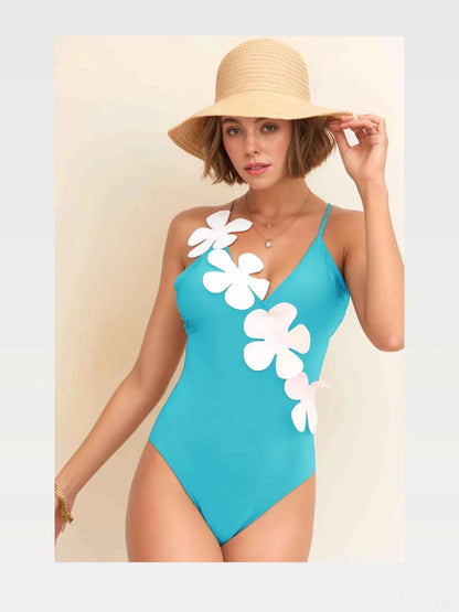 Teal Solid Flower Detail V Neck One Piece Swimsuit — styled showcase — Livostyle