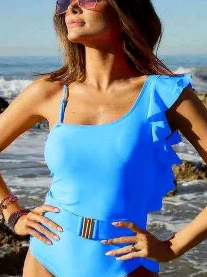 Solid One Shoulder Ruffle One Piece Swimsuit — detail view — Livostyle