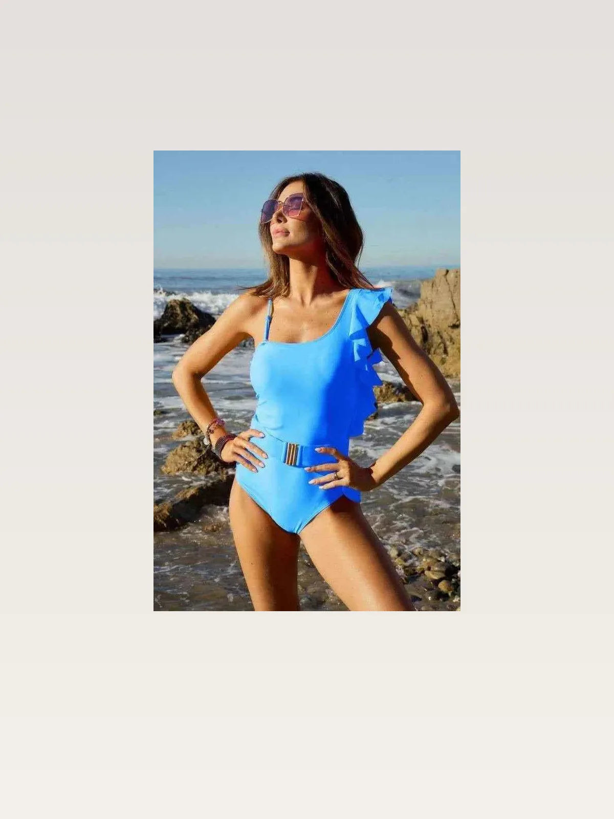 Solid One Shoulder Ruffle One Piece Swimsuit — styled showcase — Livostyle