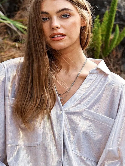 Shimmering Button-Up Shirt with Pockets — detail view — Livostyle