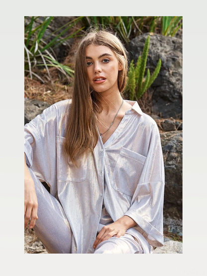 Shimmering Button-Up Shirt with Pockets — styled showcase — Livostyle