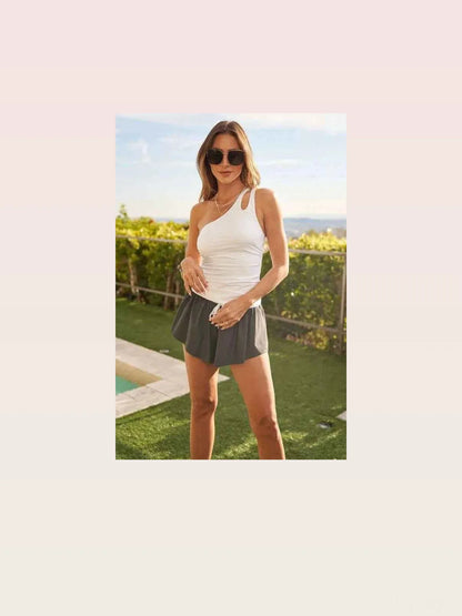 Solid V Neck One Shoulder Cropped Swimsuit Top — styled showcase — Livostyle