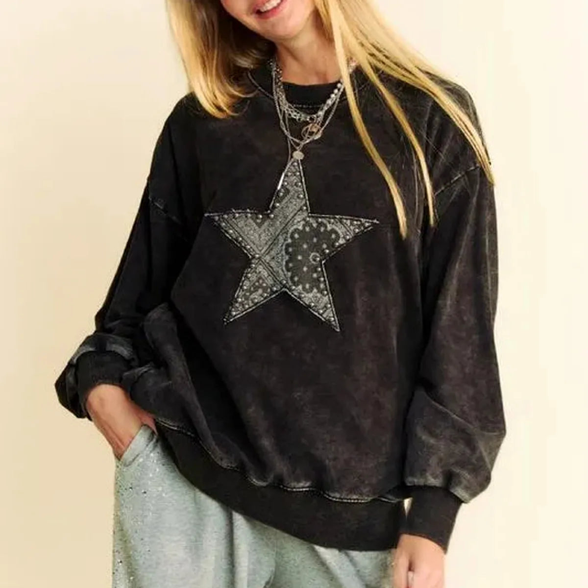 Edgy Acid Wash Star-Studded Sweatshirt — square view — Livostyle