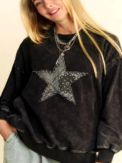 Edgy Acid Wash Star-Studded Sweatshirt — detail view — Livostyle