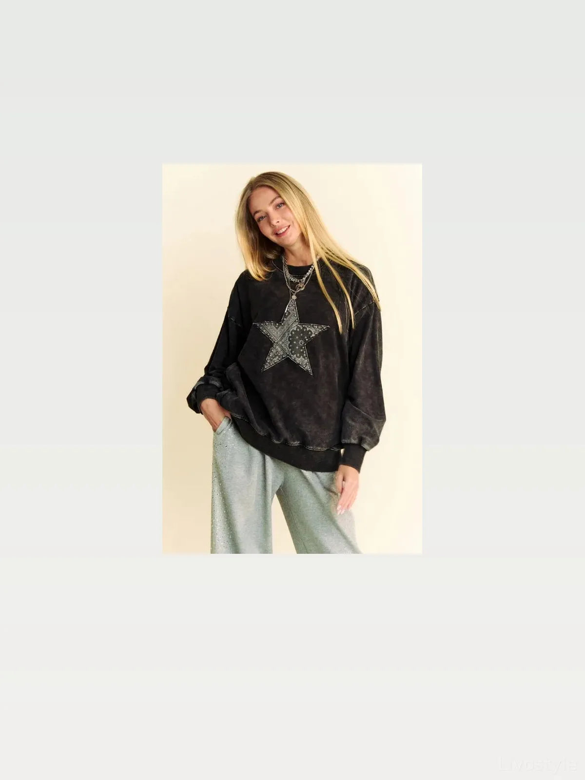 Edgy Acid Wash Star-Studded Sweatshirt — styled showcase — Livostyle