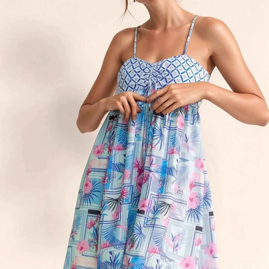 Tropical Floral Geo Print Tie Back Tube Top Romper — square view — Livostyle
