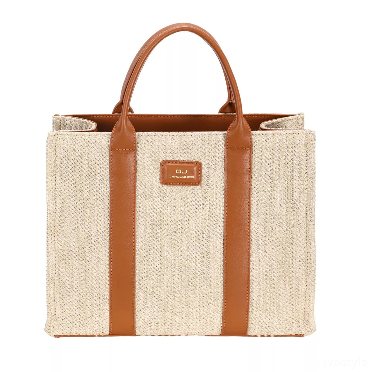 Square Woven Tote Handbag in Apricot Tan — square view — Livostyle