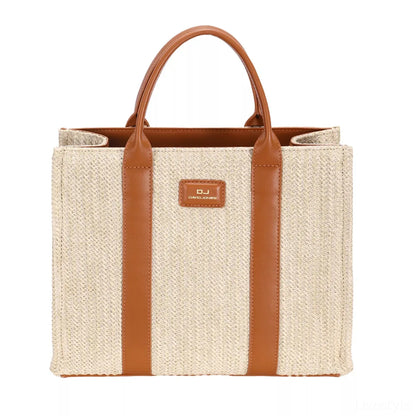 Square Woven Tote Handbag in Apricot Tan — square view — Livostyle