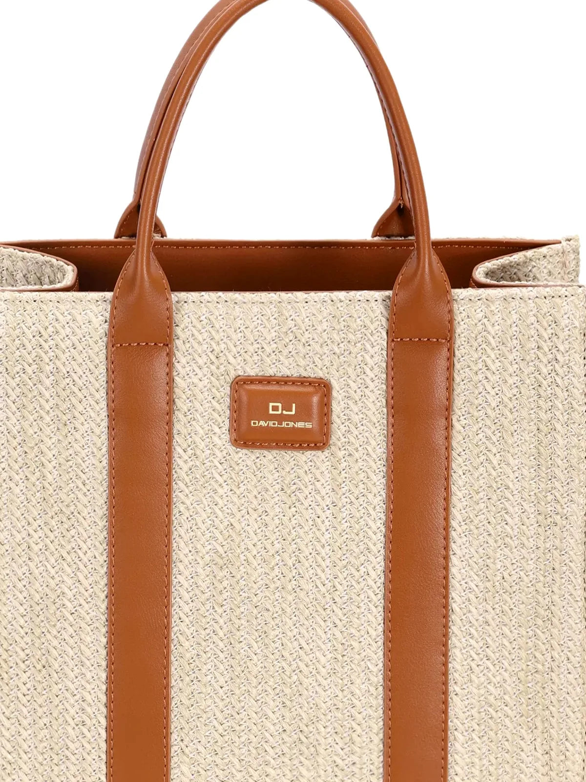 Square Woven Tote Handbag in Apricot Tan — detail view — Livostyle