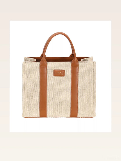 Square Woven Tote Handbag in Apricot Tan — styled showcase — Livostyle