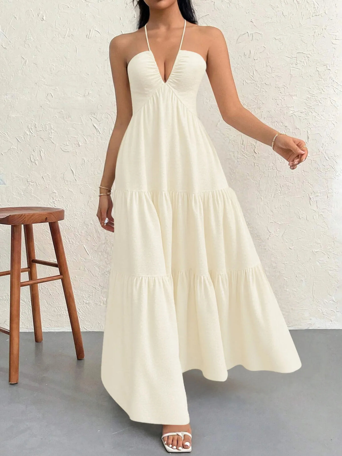 Halter Neck Tiered Maxi Dress with Bow in Apricot