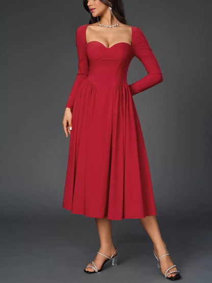 Sweetheart Neckline Long Sleeve A-Line Midi Dress – photo 5