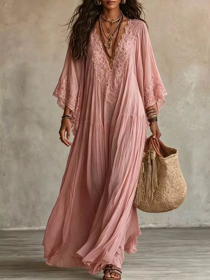Lace Trim Tiered V-Neck Maxi Dress in Dusty Pink