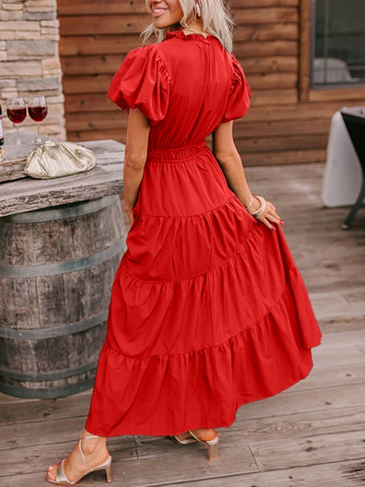 Puff Sleeve Tiered Smocked Maxi Dress