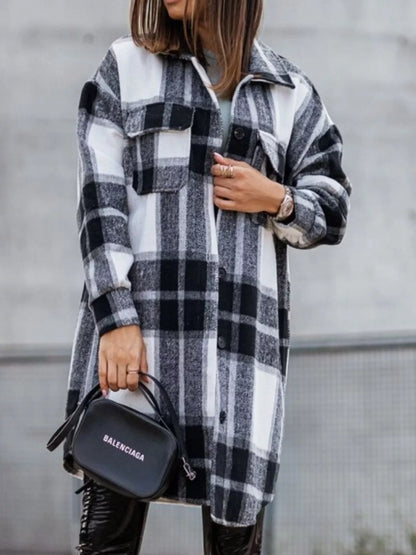Button Down Collared Neck Plaid Flannel Shacket detail — Livostyle