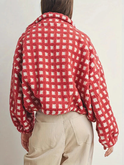 Fleece Checkered Puff Sleeve Bomber Jacket styling — Livostyle