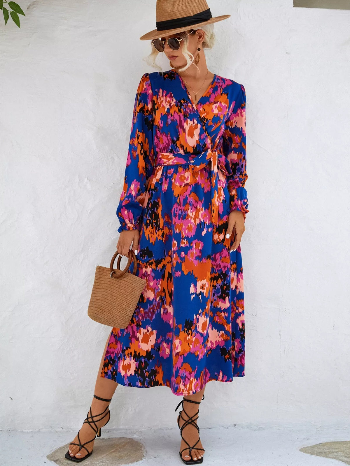 Printed Belted Surplice Long Sleeve Midi Dress with Slit – photo 6
