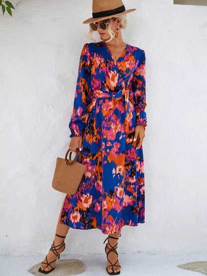 Printed Belted Surplice Long Sleeve Midi Dress with Slit – photo 6