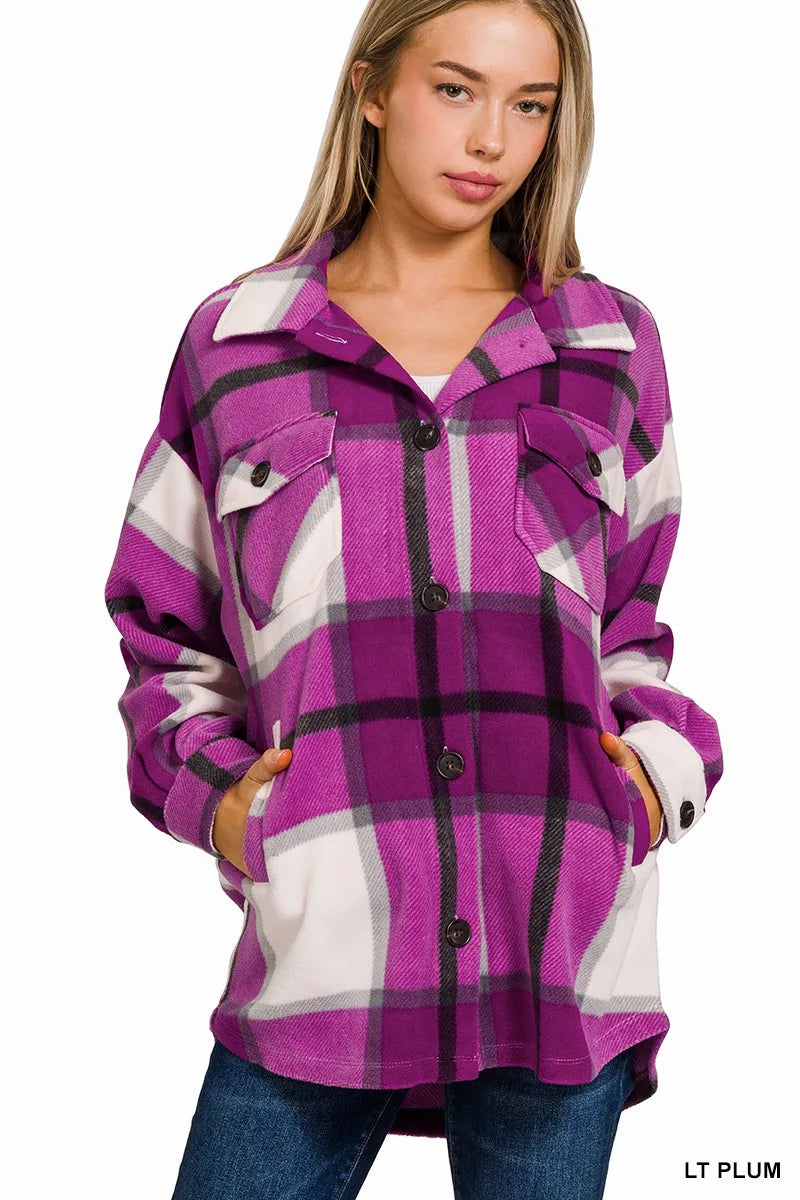 Oversized Plaid Fleece Shacket detail — Livostyle