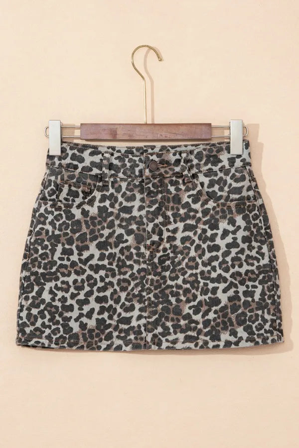 Leopard Denim Mini Skirt closeup — Livostyle