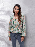 Chic Floral Peplum Blouse with Balloon Sleeves & V-Neck — Livostyle