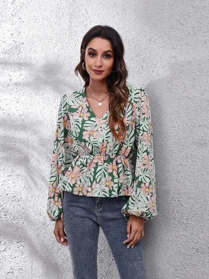 Chic Floral Peplum Blouse with Balloon Sleeves & V-Neck — Livostyle