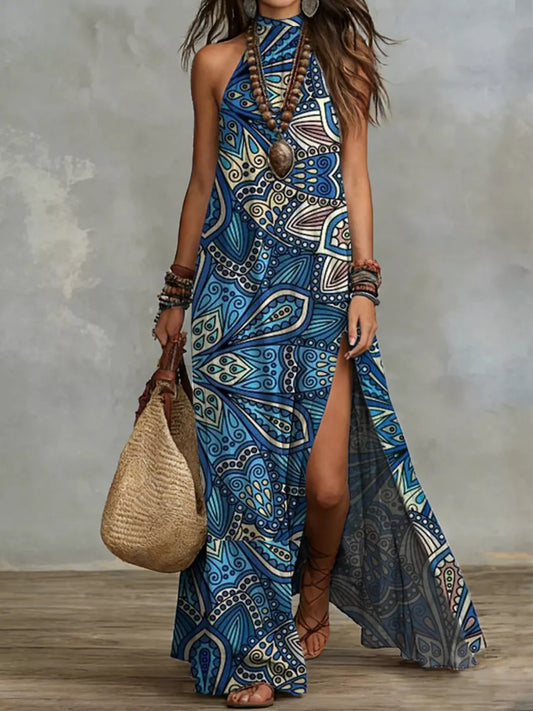 Printed Slit Sleeveless Maxi Dress in Blue