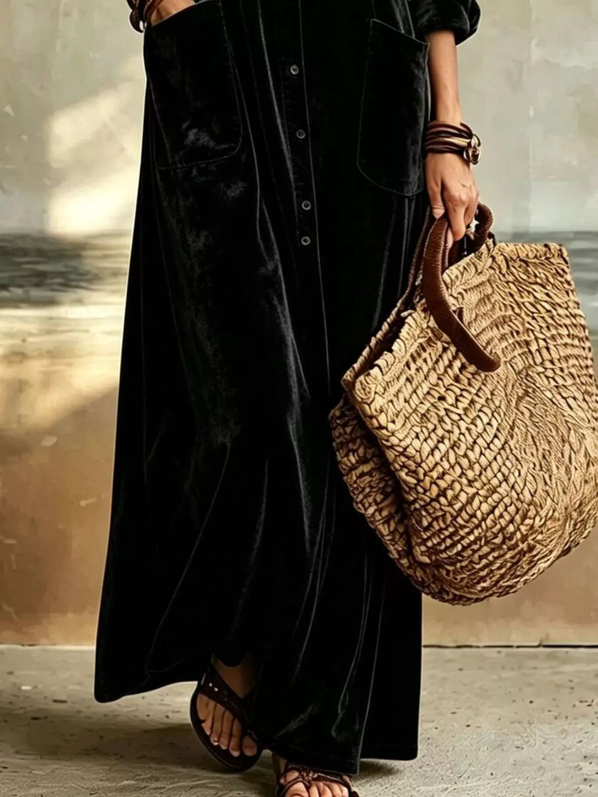 Velvet Button-Down Maxi Dress with Pockets – photo 6