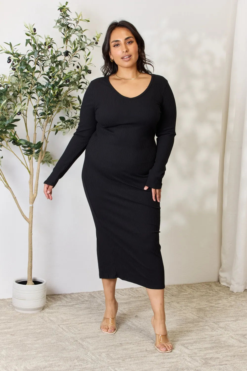 Ribbed Long Sleeve Midi Slit Dress – photo 2