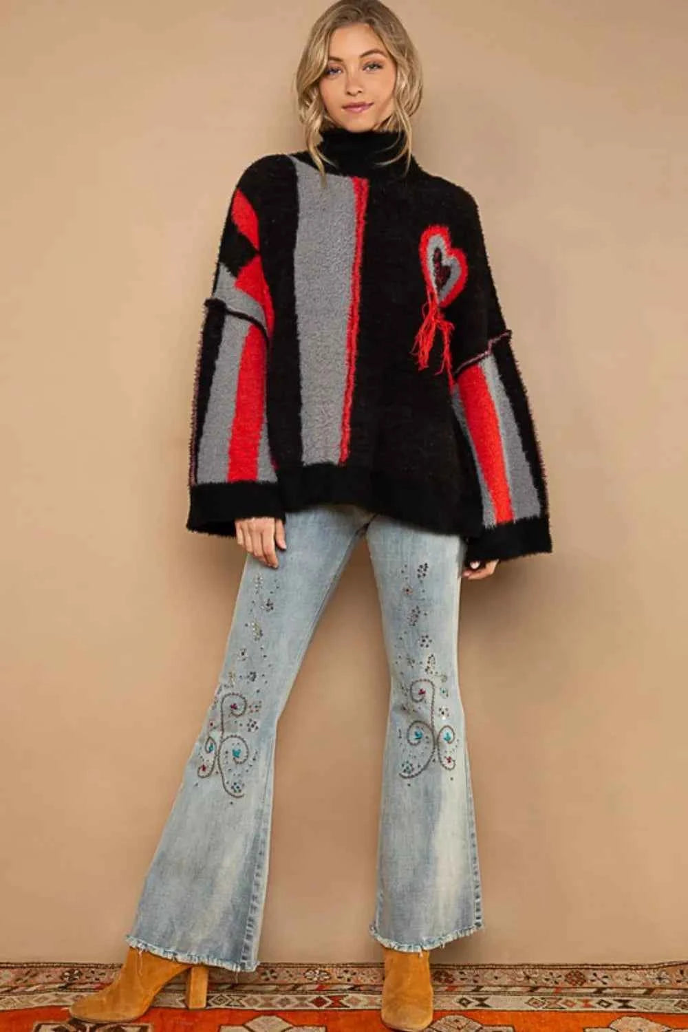 POL Turtleneck Color Block Fringe Detail Sweater
