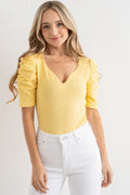 Feminine Shirring Puff Sleeve Bodysuit for Chic Look — Livostyle